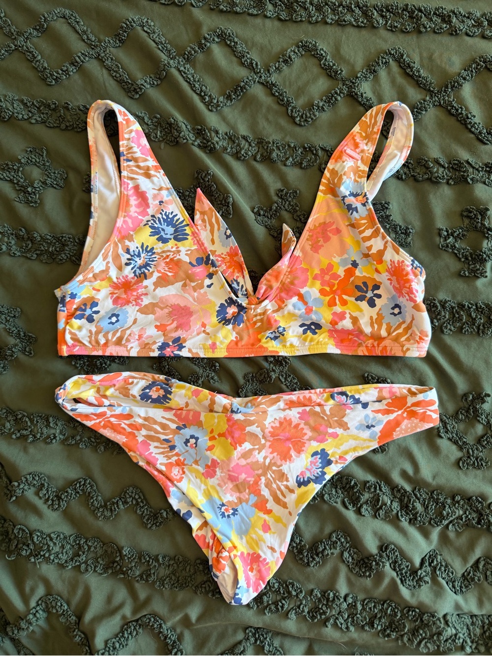 Floral V-Neck Bikini Set in Coral, Yellow & Blue